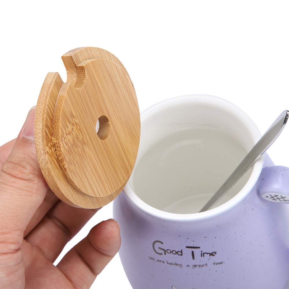 TOPINCN Ceramic Cup Cute Cat Pattern Coffee Cup with Spoon and Wood Lid Tea Water Milk Mug for Home Office (380 ML Purple)