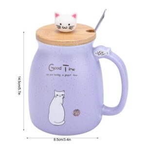 TOPINCN Ceramic Cup Cute Cat Pattern Coffee Cup with Spoon and Wood Lid Tea Water Milk Mug for Home Office (380 ML Purple)