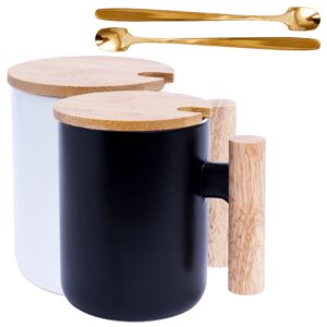 tea cup- tea cup with lid- coffee mug with lid- ceramic mugs with ergonomic wooden handle & lid- matte-finish tea mug- tea travel mug with spoon- coffee or tea mugs by samora (black & white, set of 2)
