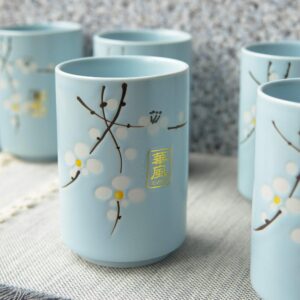 Ebros Gift Pack Of 6 Japanese Sakura Cherry Blossom Floral Branches Pastel Sky Blue Porcelain 10oz Tea Cup Set Teacups Home Kitchen Restaurant Decorative Accent