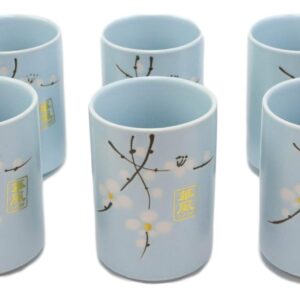 Ebros Gift Pack Of 6 Japanese Sakura Cherry Blossom Floral Branches Pastel Sky Blue Porcelain 10oz Tea Cup Set Teacups Home Kitchen Restaurant Decorative Accent