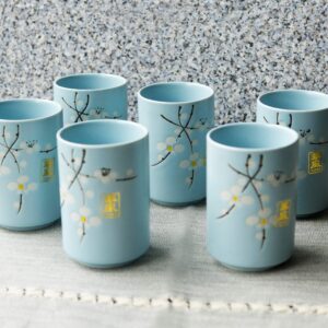 Ebros Gift Pack Of 6 Japanese Sakura Cherry Blossom Floral Branches Pastel Sky Blue Porcelain 10oz Tea Cup Set Teacups Home Kitchen Restaurant Decorative Accent