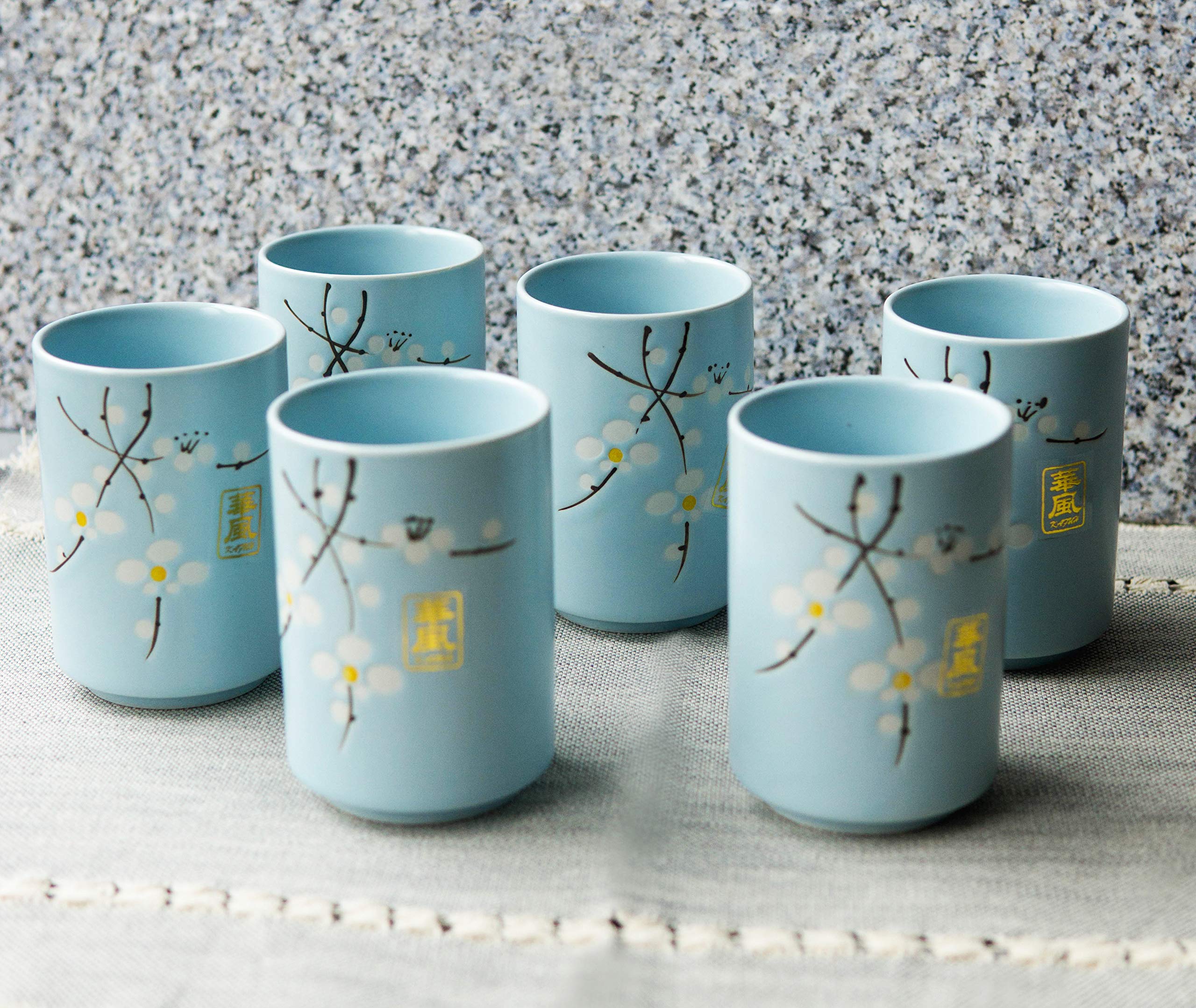 Ebros Gift Pack Of 6 Japanese Sakura Cherry Blossom Floral Branches Pastel Sky Blue Porcelain 10oz Tea Cup Set Teacups Home Kitchen Restaurant Decorative Accent