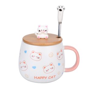 xinhuigy cute animal coffee mug with lid and spoon, cute cow print stuff gifts, ceramic tea cup, kawaii cup, cartoon coffee cup gift for women office and personal birthday christmas 480ml (cat)