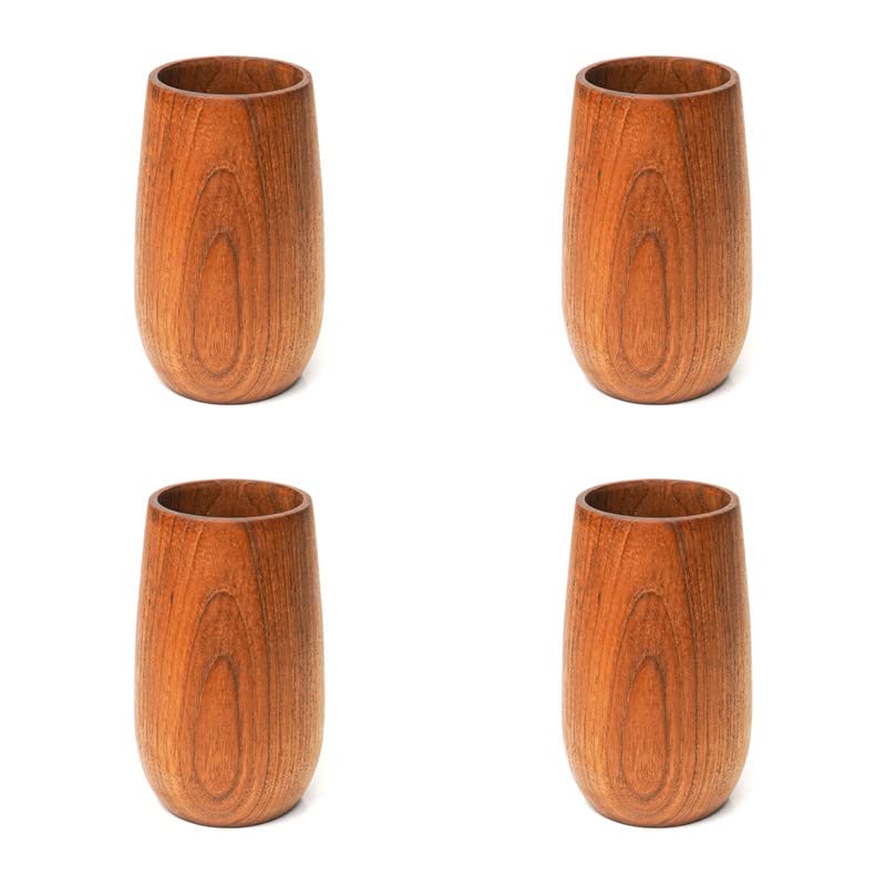 Rainforest Bowls Set of 4 Regular Rounded Javanese Teak Wood Cup- 350ml (12 oz)- Great for Tea/Coffee/Milk, Hot & Cold Drinks- Ultra-Durable- Premium Wooden Cup Handcrafted by Indonesian Artisans