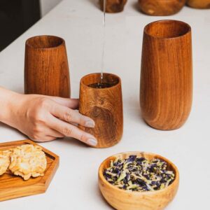 Rainforest Bowls Set of 4 Regular Rounded Javanese Teak Wood Cup- 350ml (12 oz)- Great for Tea/Coffee/Milk, Hot & Cold Drinks- Ultra-Durable- Premium Wooden Cup Handcrafted by Indonesian Artisans