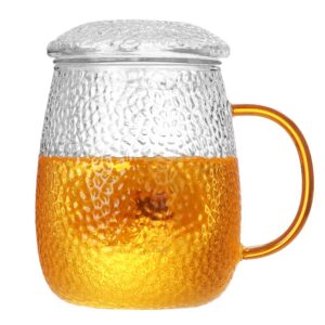 tea cup with infuser and lid, 19 oz (560 ml), amber color handle, food grade borosilicate glass material, resistant to cold and hot shock, hammered texture design, loose leaf tea cup