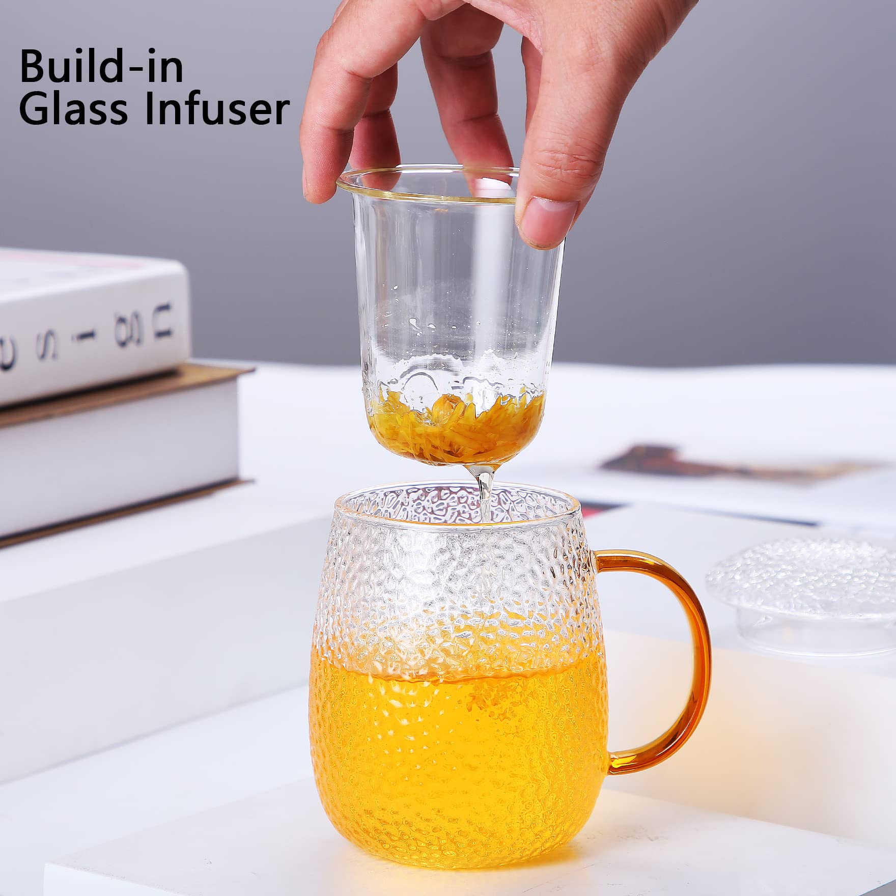 Tea Cup With Infuser and Lid, 19 OZ (560 ml), Amber Color Handle, Food Grade Borosilicate Glass Material, Resistant to Cold and Hot Shock, Hammered Texture Design, Loose Leaf Tea Cup