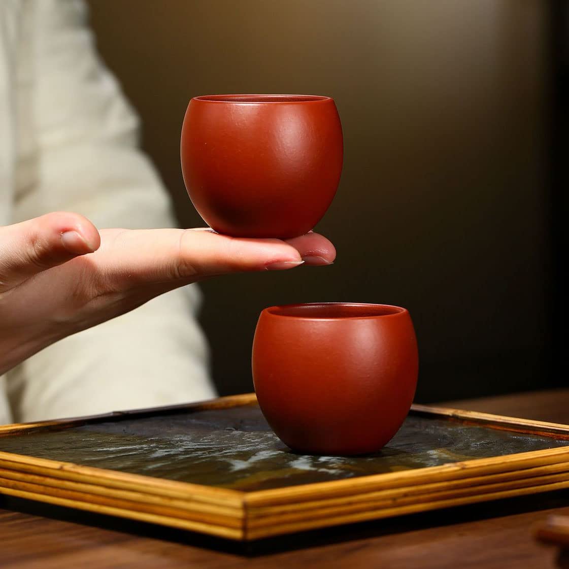 YXHUPOT Teacup 2pcs Chinese Clay Genuine Red Dahongpao Zisha GongfuTea Cups 80ml (Round drum red)