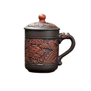 ceramic teacup, chinese hand painted purple clay tea mug with lid and infuser, (13oz) yixing zisha water mug drinkware for office home (balck dargon)