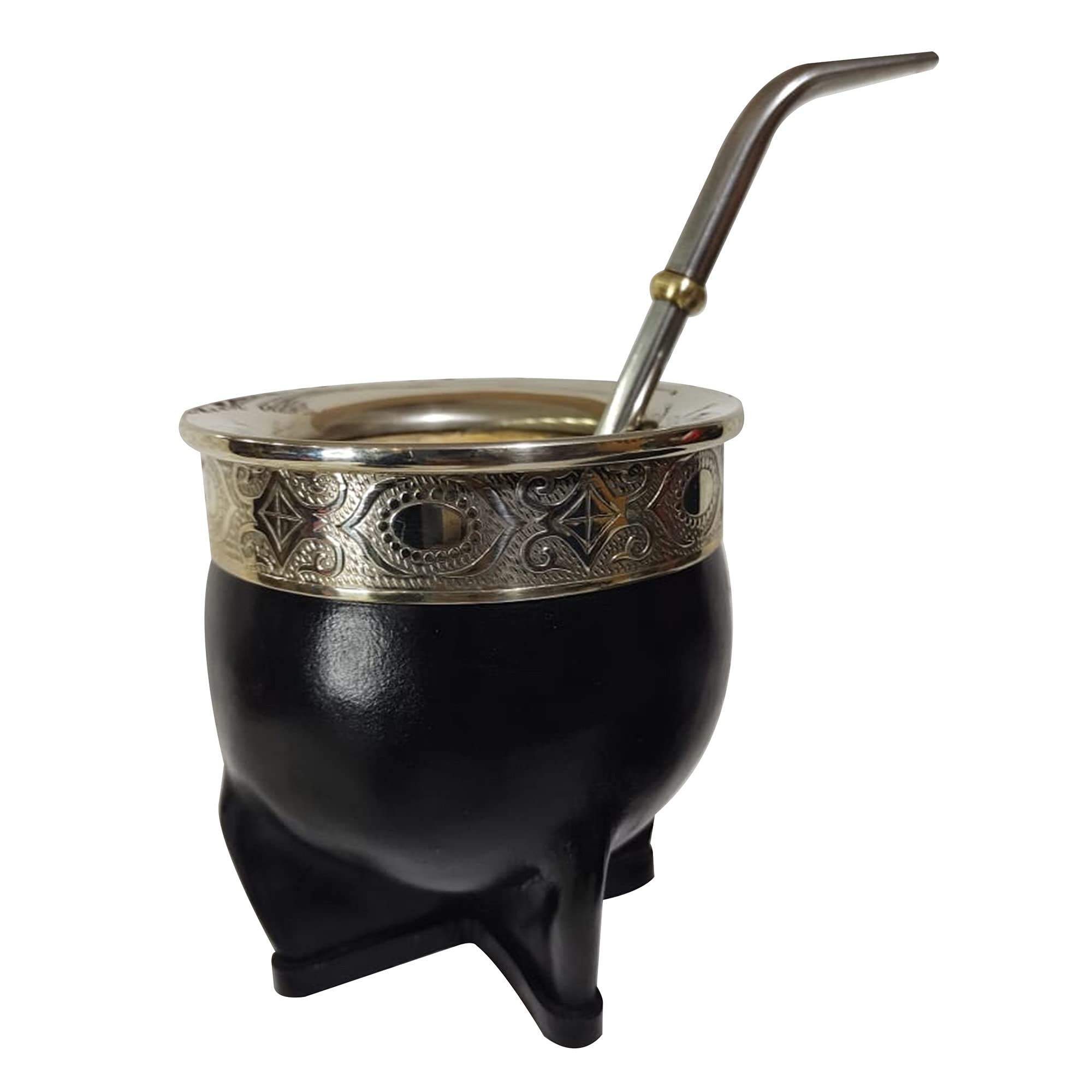 MATE SET PREMIUM -Incluye Mate Imperial- Matera de Cuero Tipo Canasta-Bombilla de Alpaca (Negro)