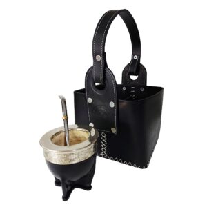 MATE SET PREMIUM -Incluye Mate Imperial- Matera de Cuero Tipo Canasta-Bombilla de Alpaca (Negro)