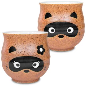 mino ware traditional japanese yunomi tea cups, boy & girl tanuki japanese racoon dog design for green tea, matcha tea
