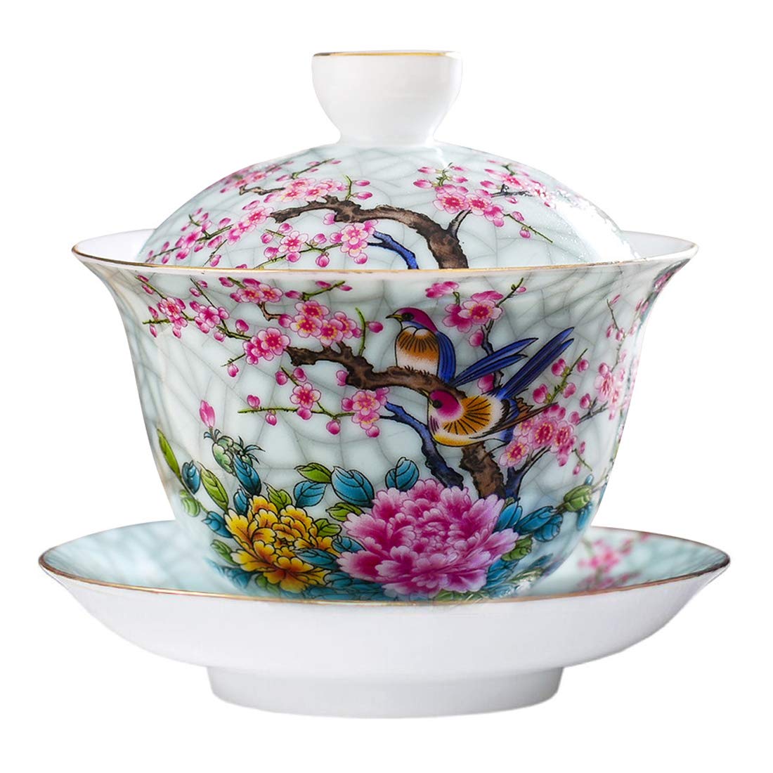 Ameolela Chinese Traditional Teaware Handmade Enamel Painted Porcelain Tea Cup Gaiwan Kungfu Tea bowl with Lid and Saucer - 5oz/150ml