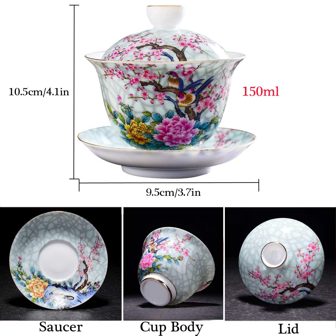 Ameolela Chinese Traditional Teaware Handmade Enamel Painted Porcelain Tea Cup Gaiwan Kungfu Tea bowl with Lid and Saucer - 5oz/150ml