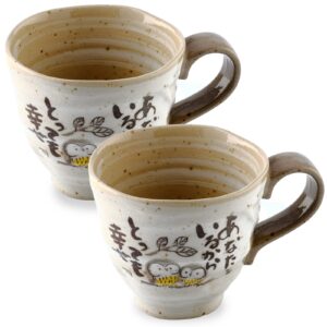japanese mino yaki(ware) ceramic coffee mugs set of 2, japanese poem owl design, gray 8.8 fl oz, handmade tea cups, for tea ceremony, green tea, matcha tea, japanese cute gifts