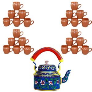 odishabazaar combo 24 pcs designer teacups|indian kulhar|free 1ltr hand painted tea kettle|pot (ktc-7)