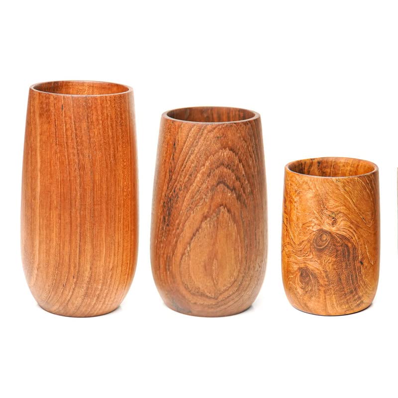 Rainforest Bowls Set of 3 Rounded Javanese Teak Wood Cups - Great for Tea/Coffee/Milk, Hot & Cold Drinks - Ultra-Durable - Premium Wooden Cup Handcrafted by Indonesian Artisans