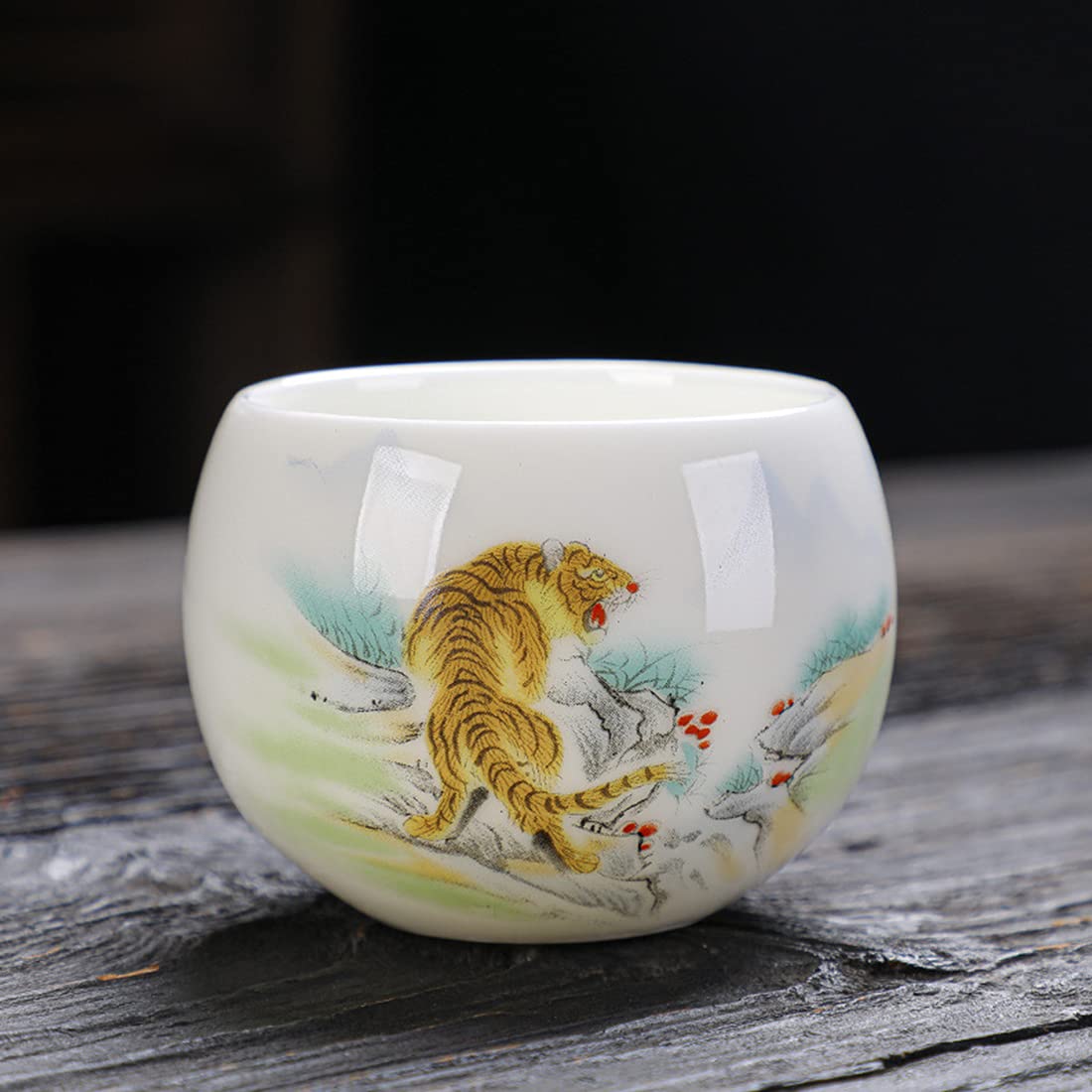 PARTYCART Sheep Fat Jade Ceramic Teacup, White Porcelain Teacup of Chinese Zodiac, Large 150ML Tea Cup for Household Use,Tiger