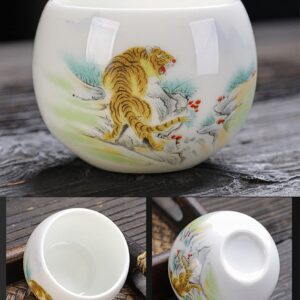 PARTYCART Sheep Fat Jade Ceramic Teacup, White Porcelain Teacup of Chinese Zodiac, Large 150ML Tea Cup for Household Use,Tiger