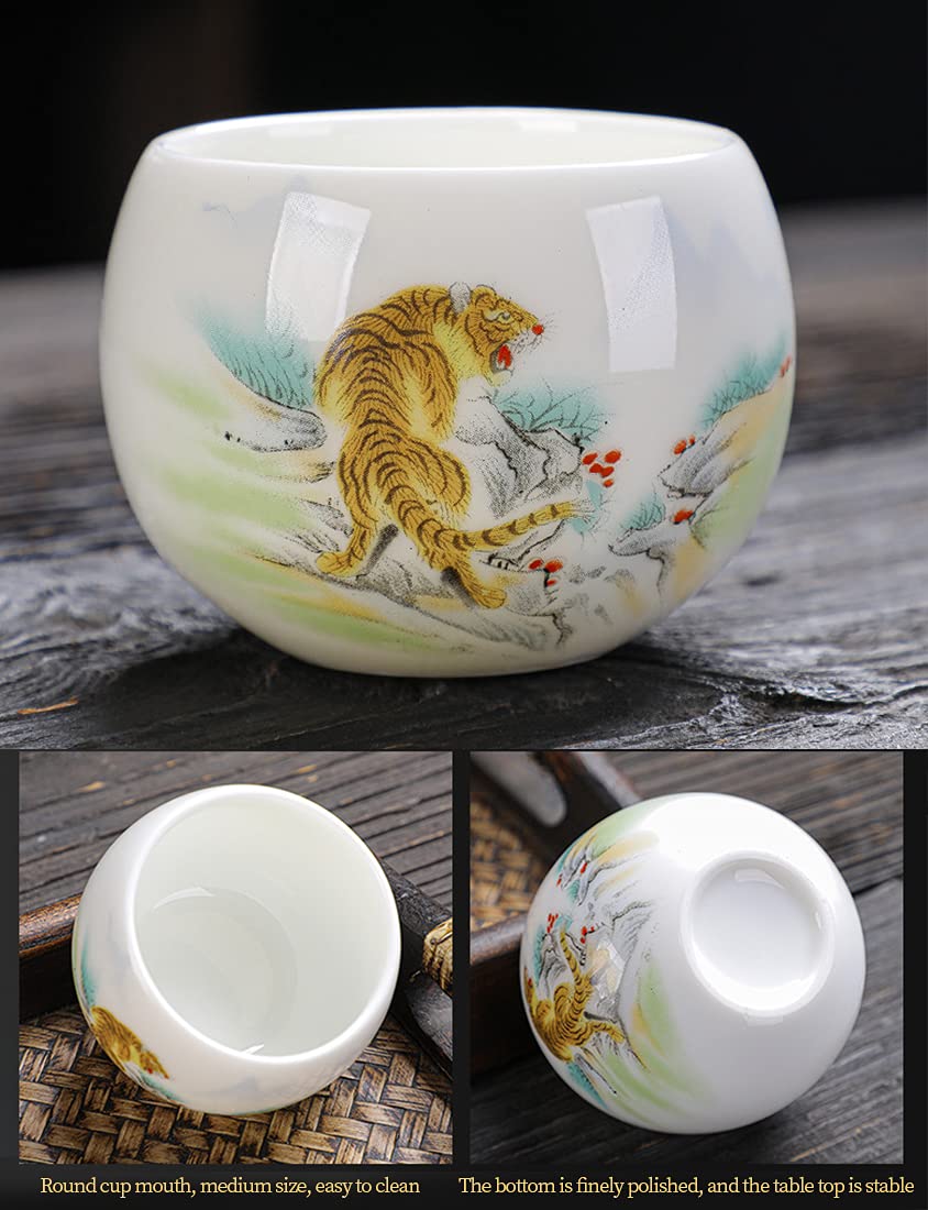 PARTYCART Sheep Fat Jade Ceramic Teacup, White Porcelain Teacup of Chinese Zodiac, Large 150ML Tea Cup for Household Use,Tiger