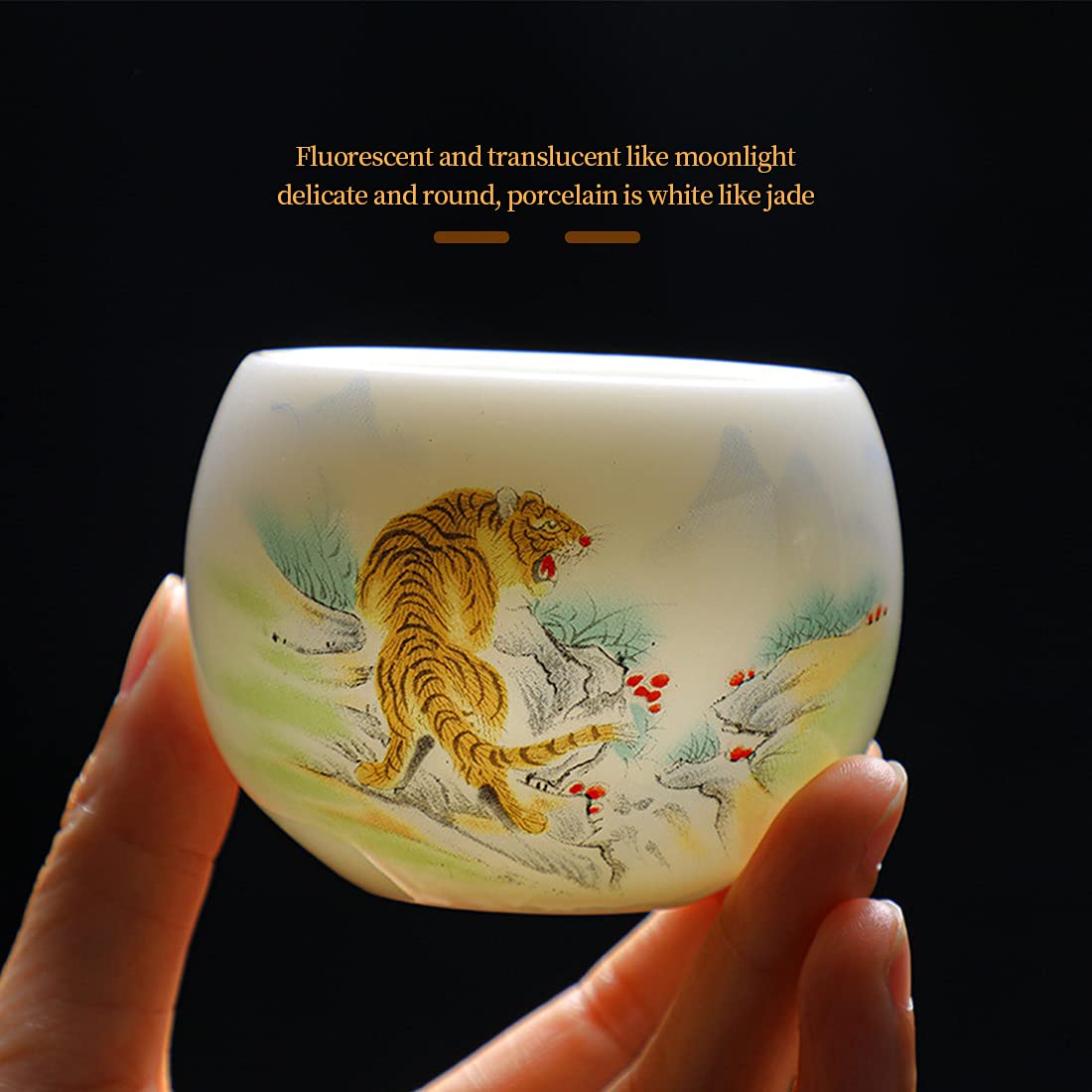 PARTYCART Sheep Fat Jade Ceramic Teacup, White Porcelain Teacup of Chinese Zodiac, Large 150ML Tea Cup for Household Use,Tiger