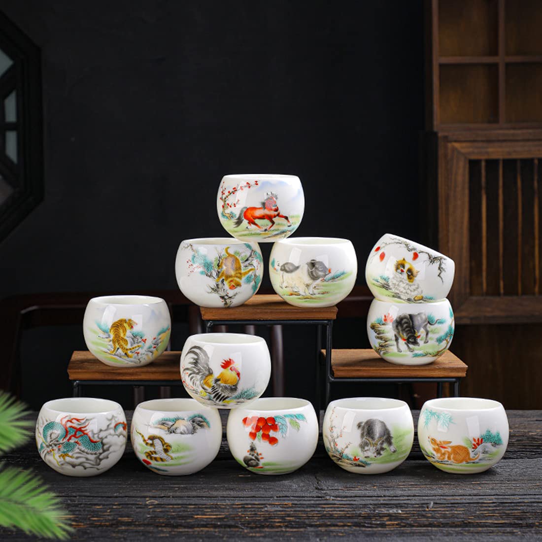 PARTYCART Sheep Fat Jade Ceramic Teacup, White Porcelain Teacup of Chinese Zodiac, Large 150ML Tea Cup for Household Use,Tiger