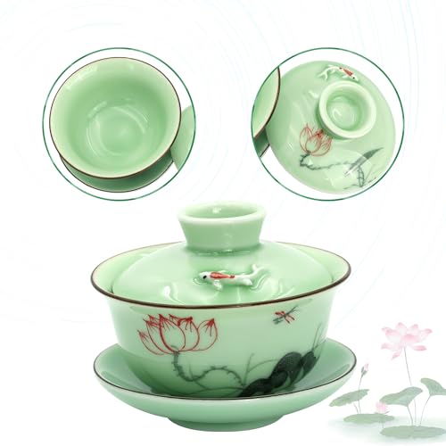 DELIFUR Celadon Handcrafted Porcelain Tea Set Lotus Theme Porcelain Tea Pot Covered Teacup Gongdao Cup From China (Covered teacup)