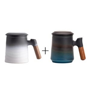 zens tea cup with infuser and lid, 13.5 ounces gradient embossed loose tea mug, rosewood handle ceramic tea steeping mug for gifts, black & white*1 and black&blue*1