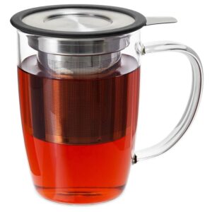 prime tea - glass teacup with tea infuser, 16oz / 470 ml, hand blown, single wall, heat resistance borosilicate glass teacups for blooming tea & loose leaf tea, microwave & dishwasher safe (black)