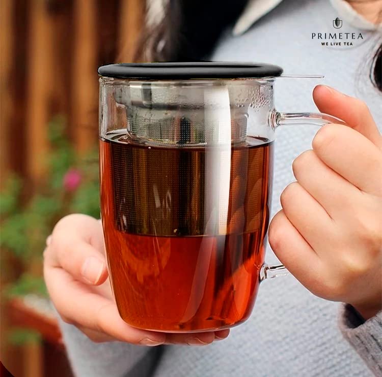 Prime Tea - Glass Teacup with Tea Infuser, 16oz / 470 ml, Hand Blown, Single Wall, Heat Resistance Borosilicate Glass Teacups for Blooming Tea & Loose Leaf Tea, Microwave & Dishwasher Safe (Black)