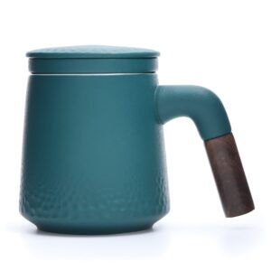 NCQIXIAO Tea Cup with Infuser and Lid, Raindrop Style Tea Mug Cups with Infuser, Wood Handle Ceramic Coffee Mug with Lid for Steeping Loose Leaf Tea 320ml/10.82OZ (Dark Green)