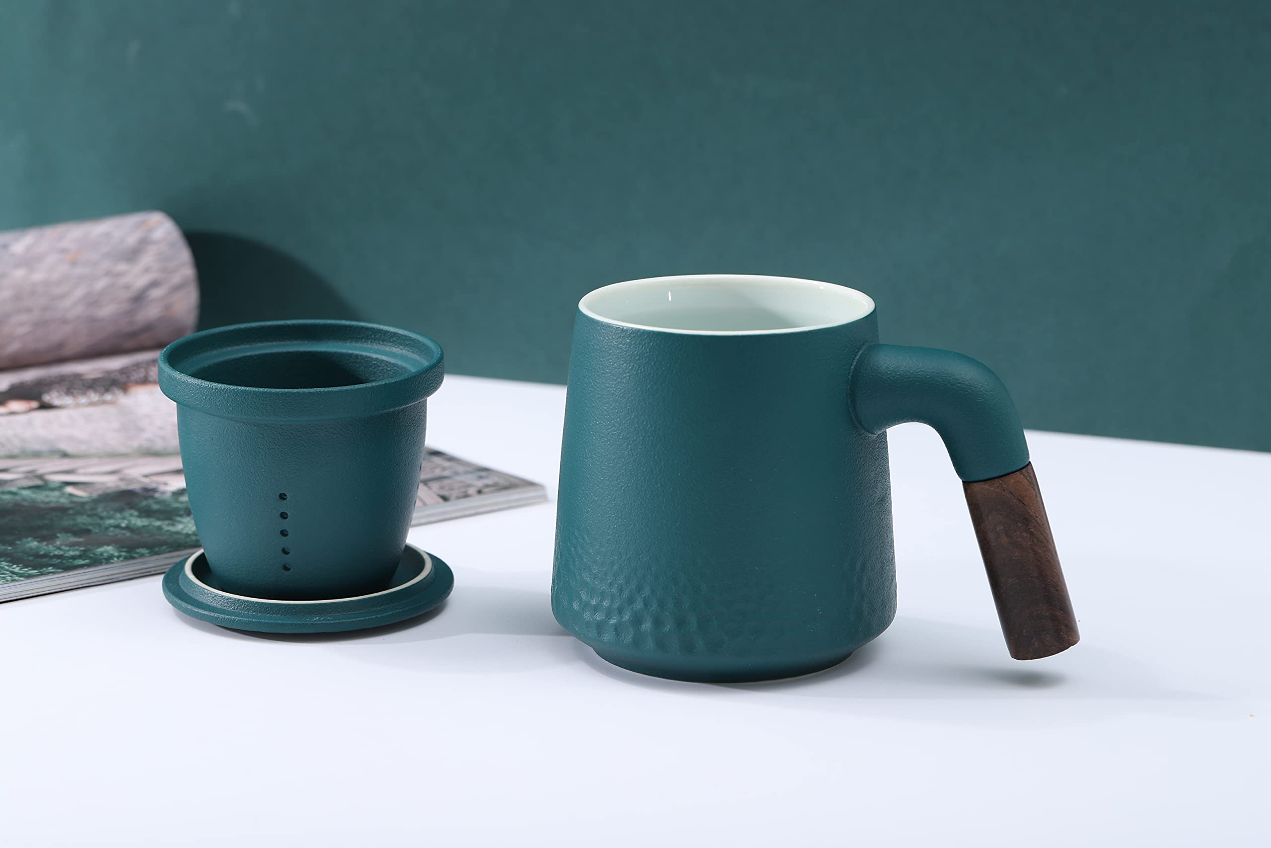 NCQIXIAO Tea Cup with Infuser and Lid, Raindrop Style Tea Mug Cups with Infuser, Wood Handle Ceramic Coffee Mug with Lid for Steeping Loose Leaf Tea 320ml/10.82OZ (Dark Green)