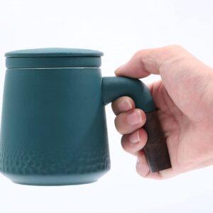 NCQIXIAO Tea Cup with Infuser and Lid, Raindrop Style Tea Mug Cups with Infuser, Wood Handle Ceramic Coffee Mug with Lid for Steeping Loose Leaf Tea 320ml/10.82OZ (Dark Green)