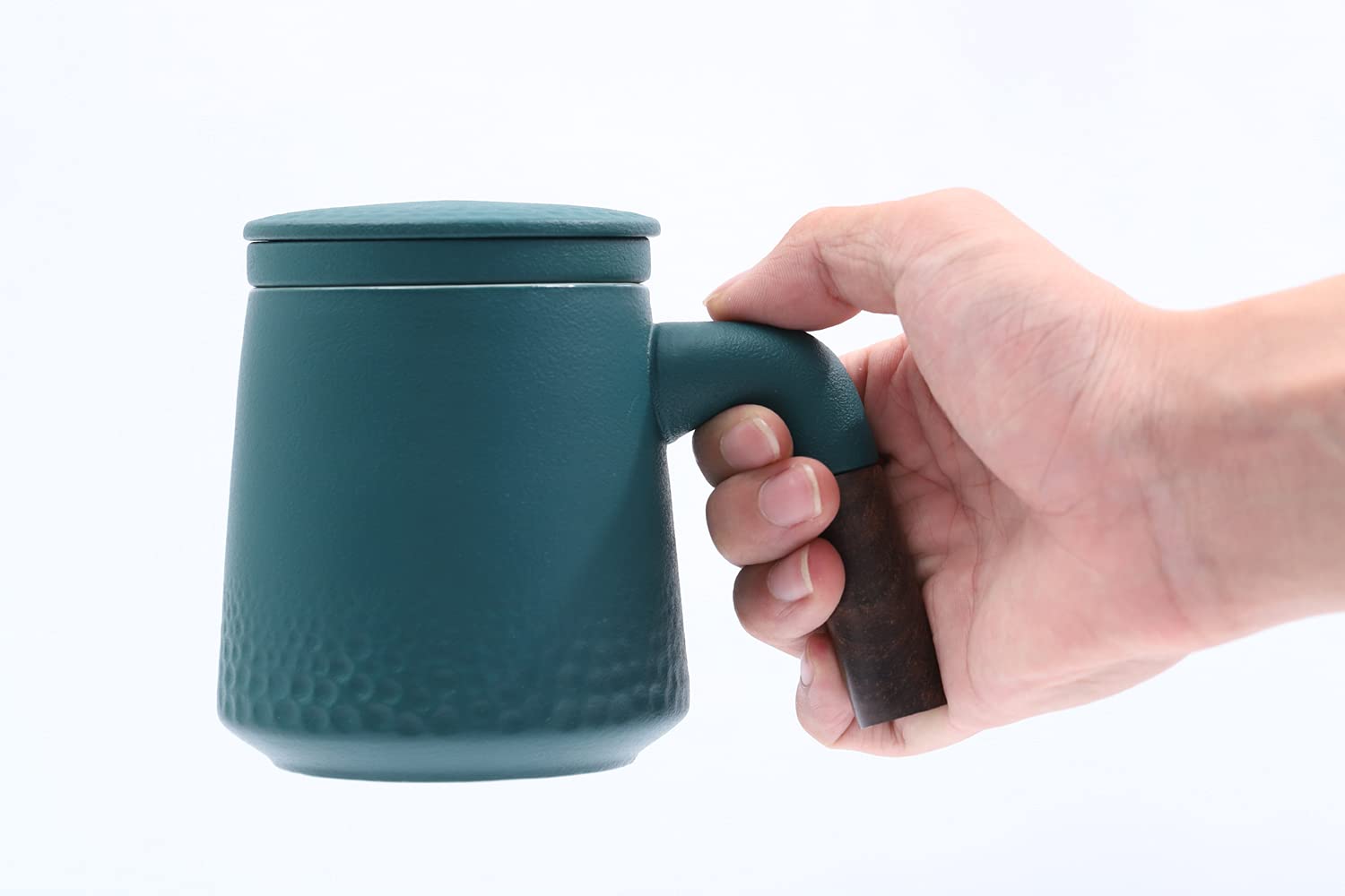 NCQIXIAO Tea Cup with Infuser and Lid, Raindrop Style Tea Mug Cups with Infuser, Wood Handle Ceramic Coffee Mug with Lid for Steeping Loose Leaf Tea 320ml/10.82OZ (Dark Green)