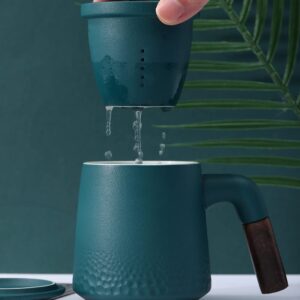 NCQIXIAO Tea Cup with Infuser and Lid, Raindrop Style Tea Mug Cups with Infuser, Wood Handle Ceramic Coffee Mug with Lid for Steeping Loose Leaf Tea 320ml/10.82OZ (Dark Green)