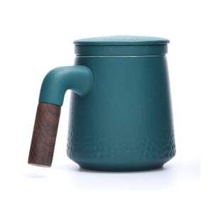 NCQIXIAO Tea Cup with Infuser and Lid, Raindrop Style Tea Mug Cups with Infuser, Wood Handle Ceramic Coffee Mug with Lid for Steeping Loose Leaf Tea 320ml/10.82OZ (Dark Green)