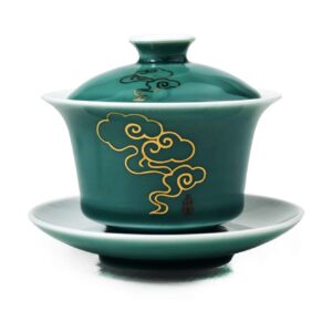 porcelain gaiwan 5oz /150ml teacup white glazed classical chinese auspicious clouds tea cup tureen sancai cover bowl lid cup saucer set (green)