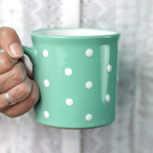 city to cottage handmade teal blue and white polka dot ceramic extra large 17.5oz/500ml | hot chocolate, coffee, tea mug, cup with handle unique designer pottery for tea lovers