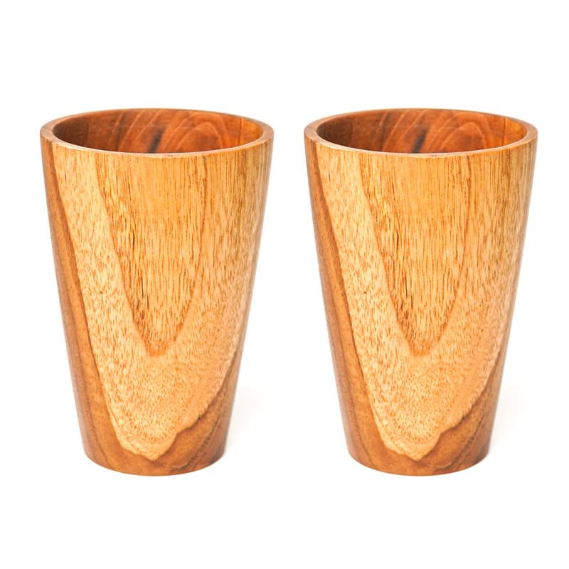 Rainforest Bowls Set of 2 Small Straight Sided Javanese Teak Wood Cup- 200ml (6.8oz)- Great for Tea/Coffee/Milk, Hot & Cold Drinks- Ultra-Durable- Premium Wooden Cup Handcrafted by Indonesian Artisans