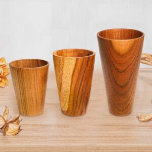 Rainforest Bowls Set of 2 Small Straight Sided Javanese Teak Wood Cup- 200ml (6.8oz)- Great for Tea/Coffee/Milk, Hot & Cold Drinks- Ultra-Durable- Premium Wooden Cup Handcrafted by Indonesian Artisans