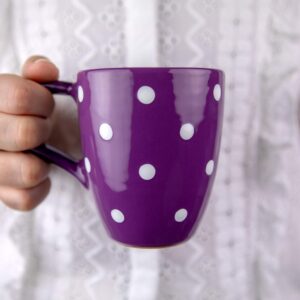 city to cottage handmade purple and white polka dot ceramic 10oz/300ml hot chocolate, coffee, tea mug, cup with large handle, unique designer pottery for tea lovers