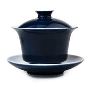 liang baobao porcelain gaiwan 5oz/150ml teacup white glazed tea cup tureen chinese sancai cover bowl lid saucer set (blue)