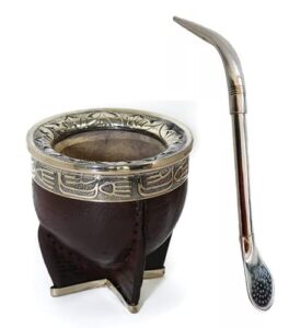 mate argentino imperial premium leather wrapped handmade engraving with alpaca yerba mate gourd (mate cup) with bombilla de alpaca (alpaca yerba mate straw) (black)