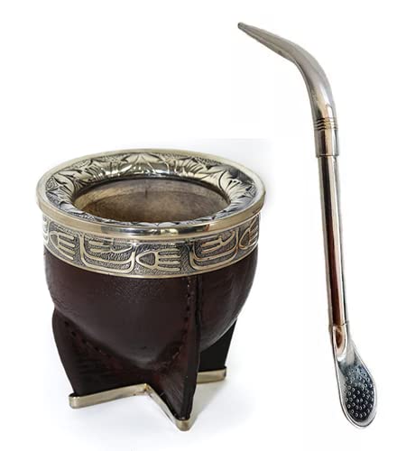 Mate Argentino Imperial Premium Leather Wrapped Handmade Engraving With Alpaca Yerba Mate Gourd (Mate cup) with Bombilla de Alpaca (Alpaca Yerba Mate straw) (Black)