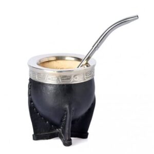 Mate Argentino Imperial Premium Leather Wrapped Handmade Engraving With Alpaca Yerba Mate Gourd (Mate cup) with Bombilla de Alpaca (Alpaca Yerba Mate straw) (Black)