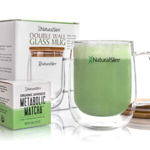 NaturalSlim Double Wall Glass Mug & Metabolic Matcha Green Tea Powder - Borosilicate Clear Drinking Cup Insulated w/Bamboo Lid 13.5 oz. - Japanese Matcha for Metabolism Weight Loss Tea ​30g