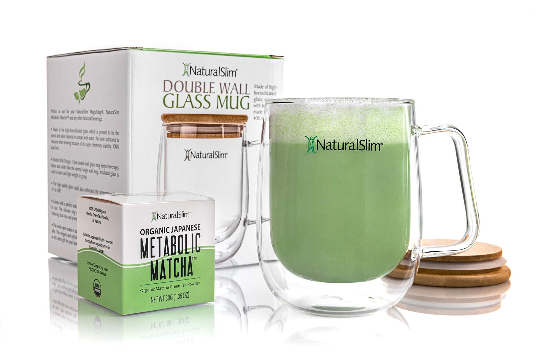 NaturalSlim Double Wall Glass Mug & Metabolic Matcha Green Tea Powder - Borosilicate Clear Drinking Cup Insulated w/Bamboo Lid 13.5 oz. - Japanese Matcha for Metabolism Weight Loss Tea ​30g