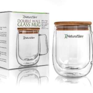 NaturalSlim Double Wall Glass Mug & Metabolic Matcha Green Tea Powder - Borosilicate Clear Drinking Cup Insulated w/Bamboo Lid 13.5 oz. - Japanese Matcha for Metabolism Weight Loss Tea ​30g