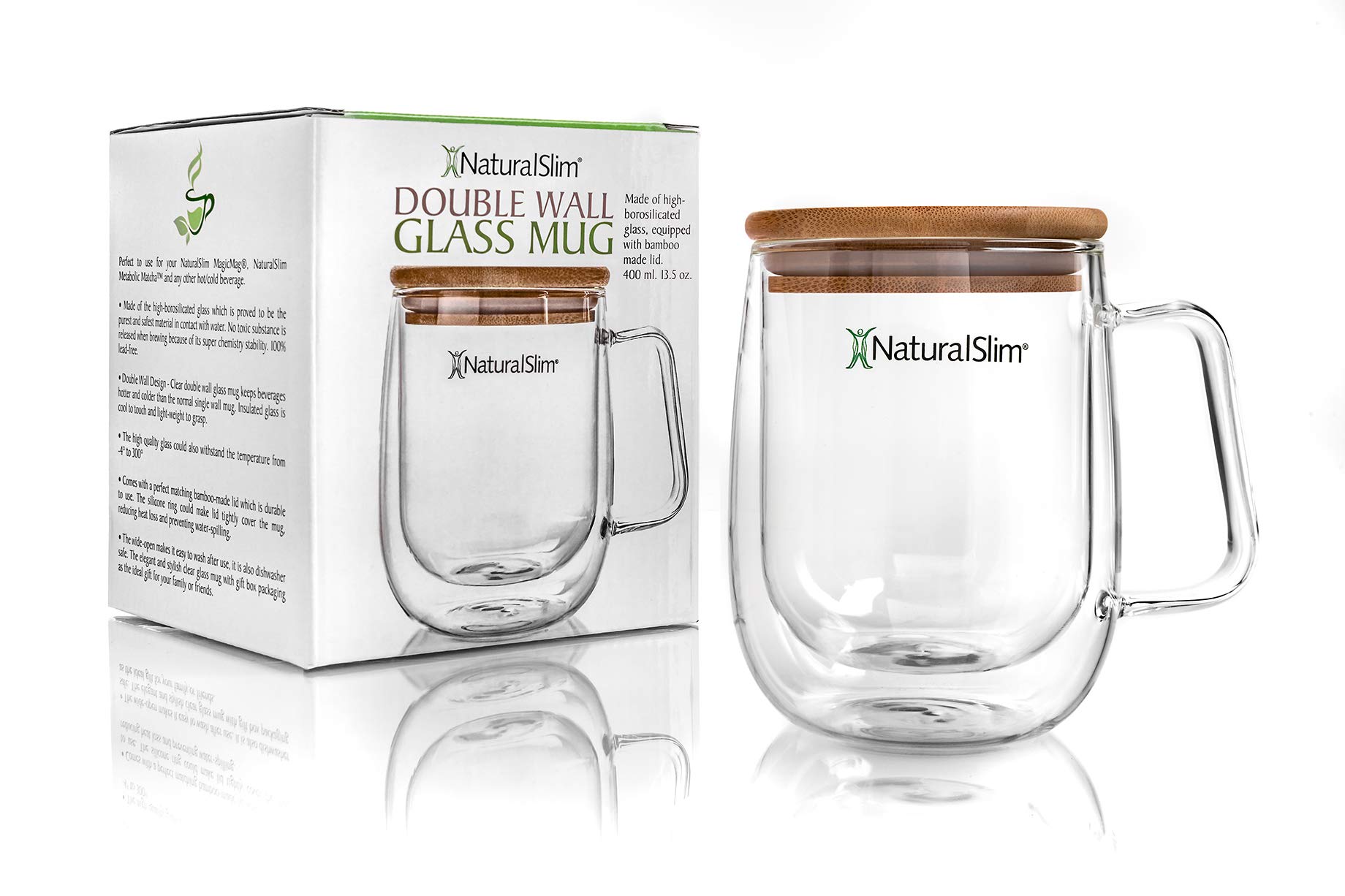 NaturalSlim Double Wall Glass Mug & Metabolic Matcha Green Tea Powder - Borosilicate Clear Drinking Cup Insulated w/Bamboo Lid 13.5 oz. - Japanese Matcha for Metabolism Weight Loss Tea ​30g